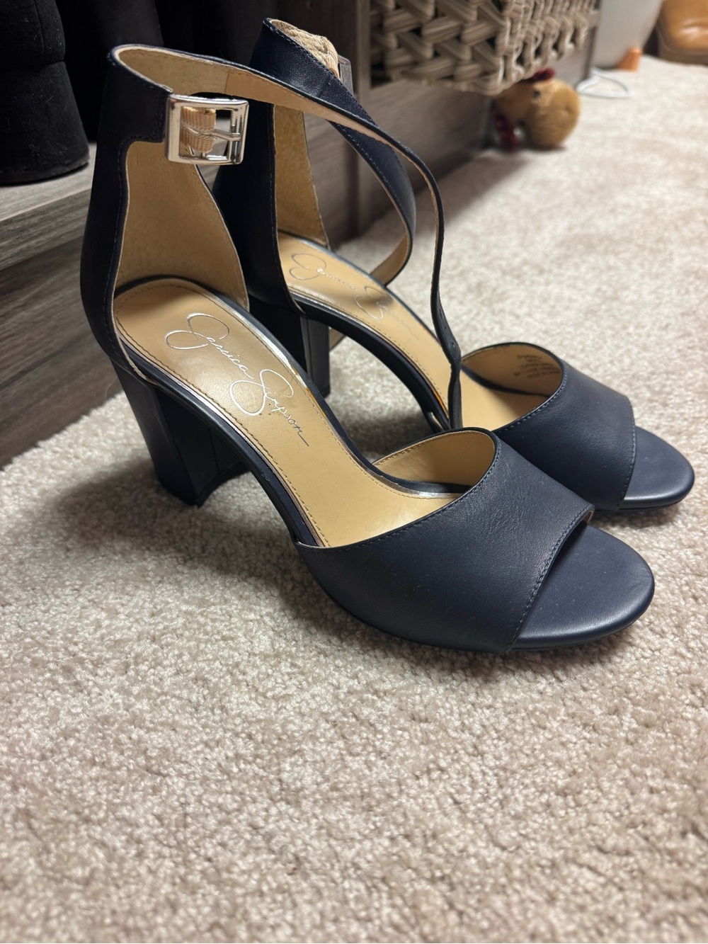 Jessica Simpson Navy Open-Toe Ankle-Strap Block Heels